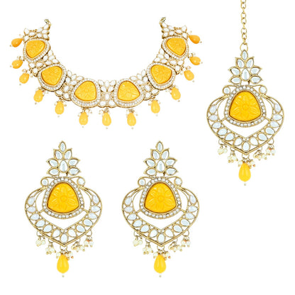 Women's 18k Gold Plated Traditional Pearl Kundan & Stone Studded Jewellery Necklace Set with Maang Tikka