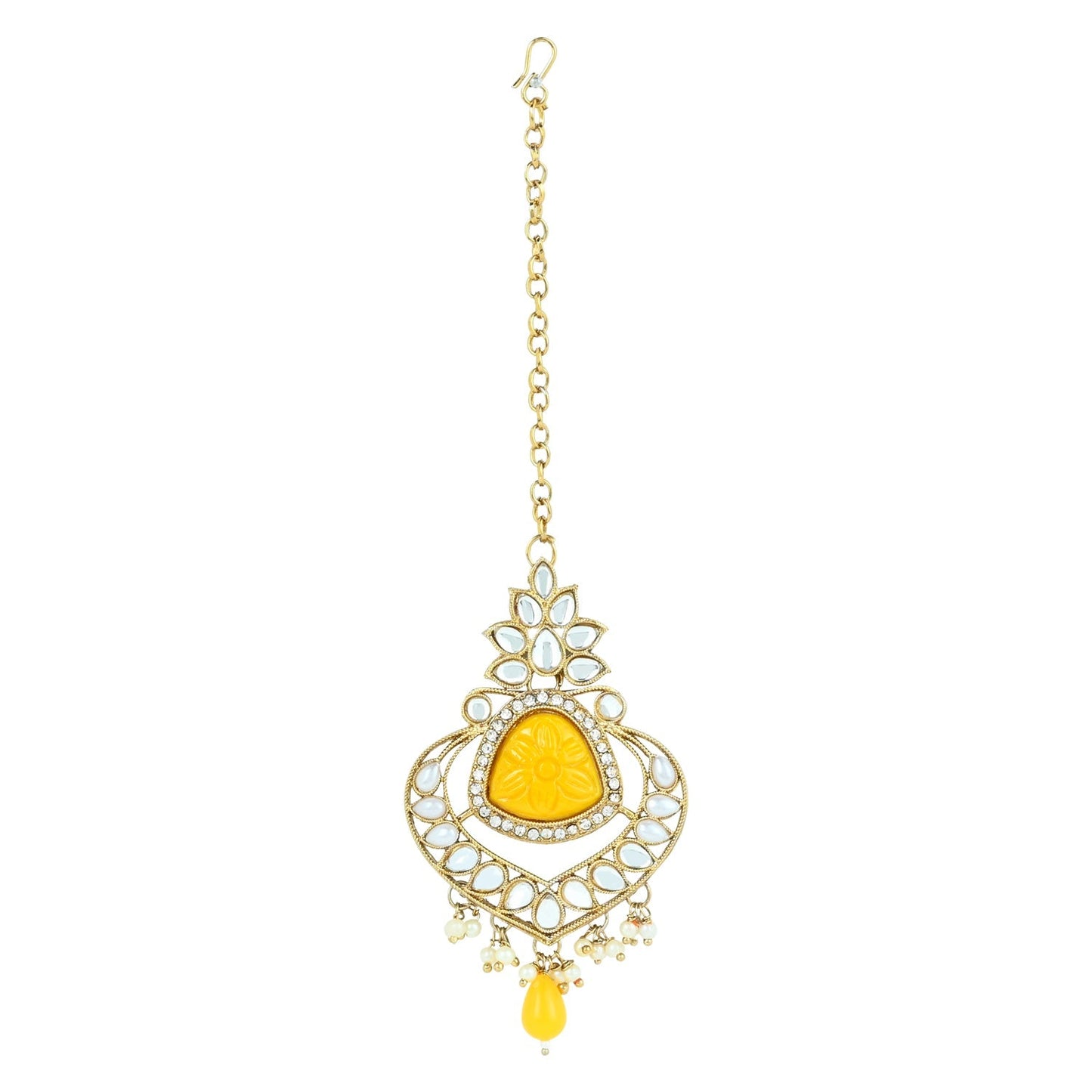 Women's 18k Gold Plated Traditional Pearl Kundan & Stone Studded Jewellery Necklace Set with Maang Tikka