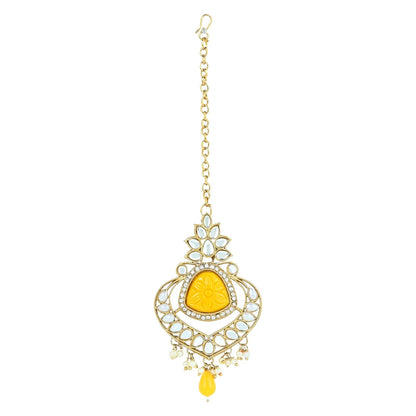 Women's 18k Gold Plated Traditional Pearl Kundan & Stone Studded Jewellery Necklace Set with Maang Tikka