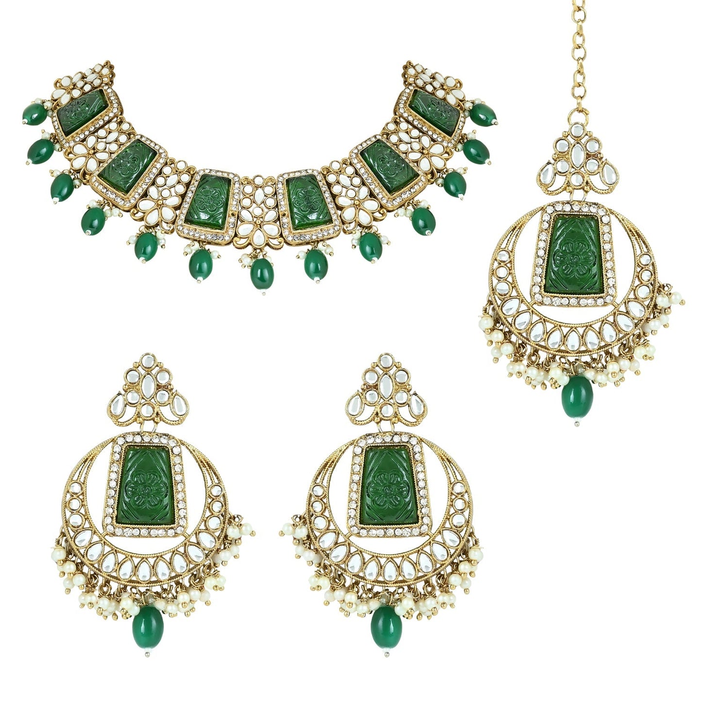 Women's 18k Gold Plated Traditional Pearl Kundan & Stone Studded Jewellery Necklace Set with Maang Tikka