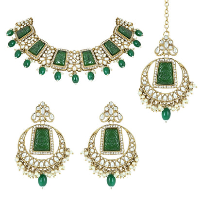 Women's 18k Gold Plated Traditional Pearl Kundan & Stone Studded Jewellery Necklace Set with Maang Tikka