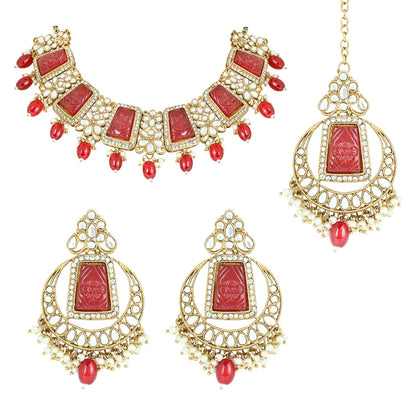 Women's 18k Gold Plated Traditional Pearl Kundan & Stone Studded Jewellery Necklace Set with Maang Tikka