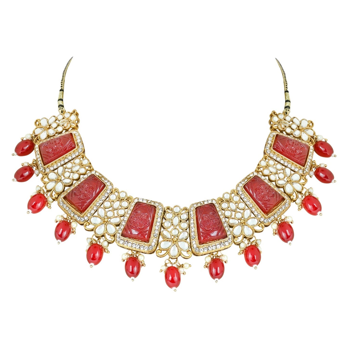Women's 18k Gold Plated Traditional Pearl Kundan & Stone Studded Jewellery Necklace Set with Maang Tikka