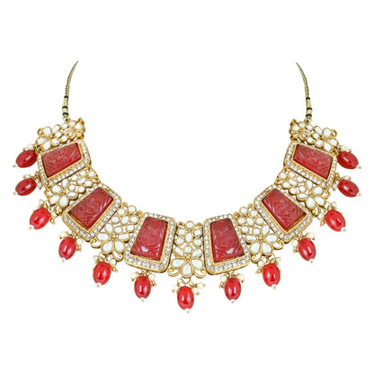 Women's 18k Gold Plated Traditional Pearl Kundan & Stone Studded Jewellery Necklace Set with Maang Tikka