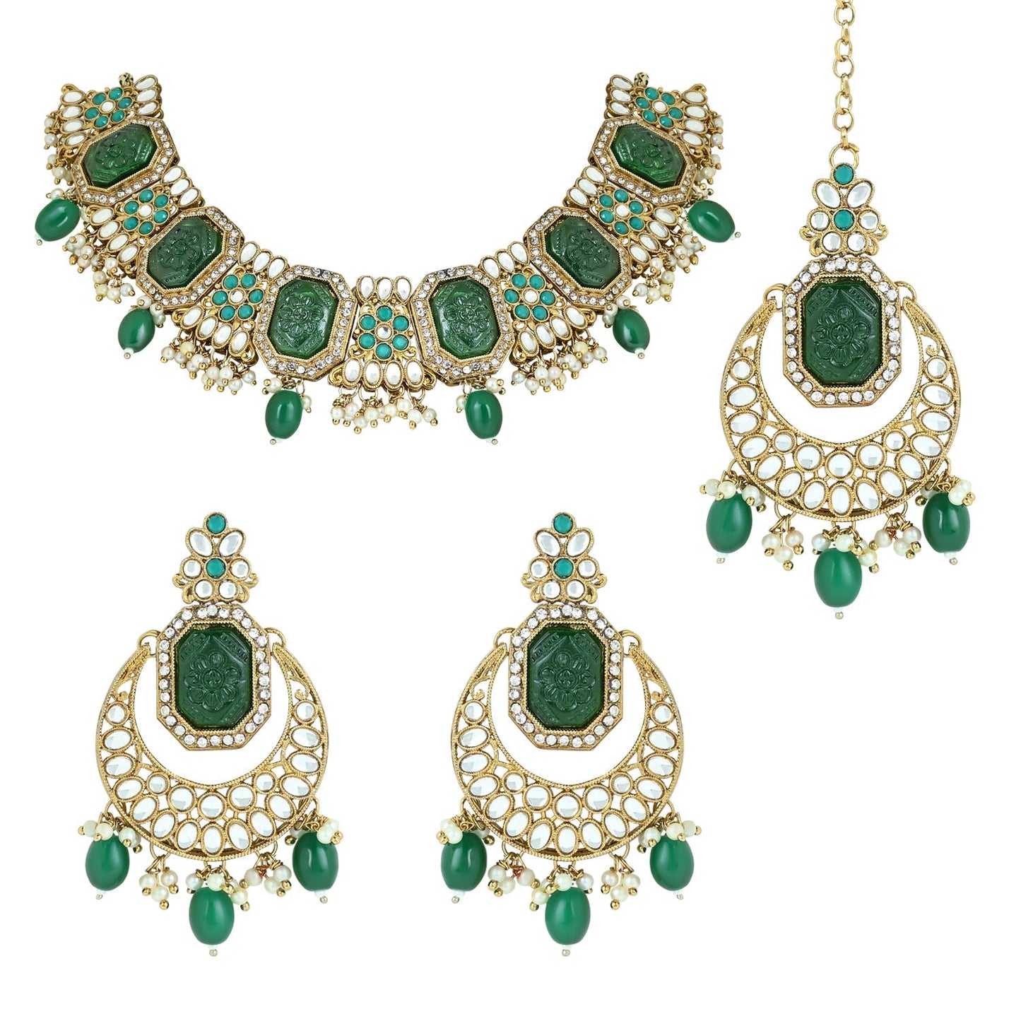 Women's 18k Gold Plated Traditional Pearl Kundan & Stone Studded Jewellery Necklace Set with Maang Tikka