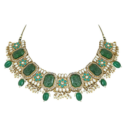 Women's 18k Gold Plated Traditional Pearl Kundan & Stone Studded Jewellery Necklace Set with Maang Tikka