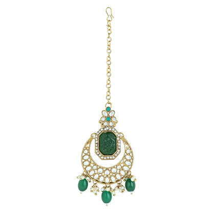 Women's 18k Gold Plated Traditional Pearl Kundan & Stone Studded Jewellery Necklace Set with Maang Tikka