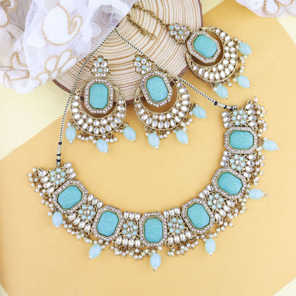 Women's 18k Gold Plated Traditional Pearl Kundan & Stone Studded Jewellery Necklace Set with Maang Tikka
