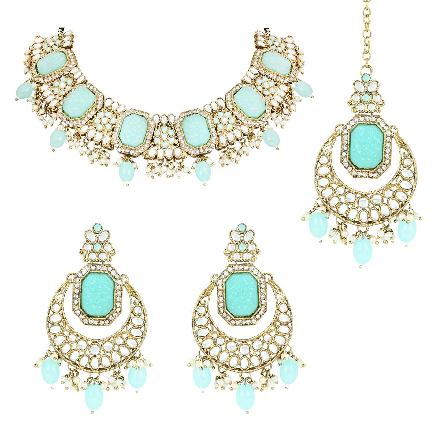 Women's 18k Gold Plated Traditional Pearl Kundan & Stone Studded Jewellery Necklace Set with Maang Tikka