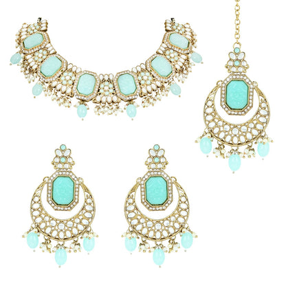 Women's 18k Gold Plated Traditional Pearl Kundan & Stone Studded Jewellery Necklace Set with Maang Tikka