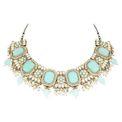 Women's 18k Gold Plated Traditional Pearl Kundan & Stone Studded Jewellery Necklace Set with Maang Tikka