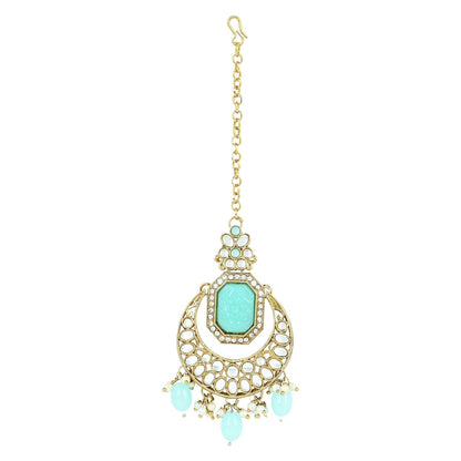 Women's 18k Gold Plated Traditional Pearl Kundan & Stone Studded Jewellery Necklace Set with Maang Tikka