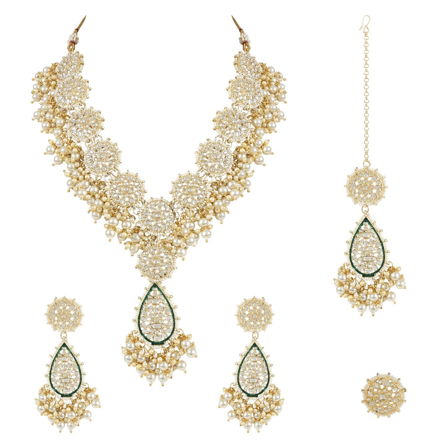 Women's 18k Gold Plated Traditional Pearl Kundan Studded Meenakari Floral Necklace With Earring Maang Tikka & Finger Ring Set