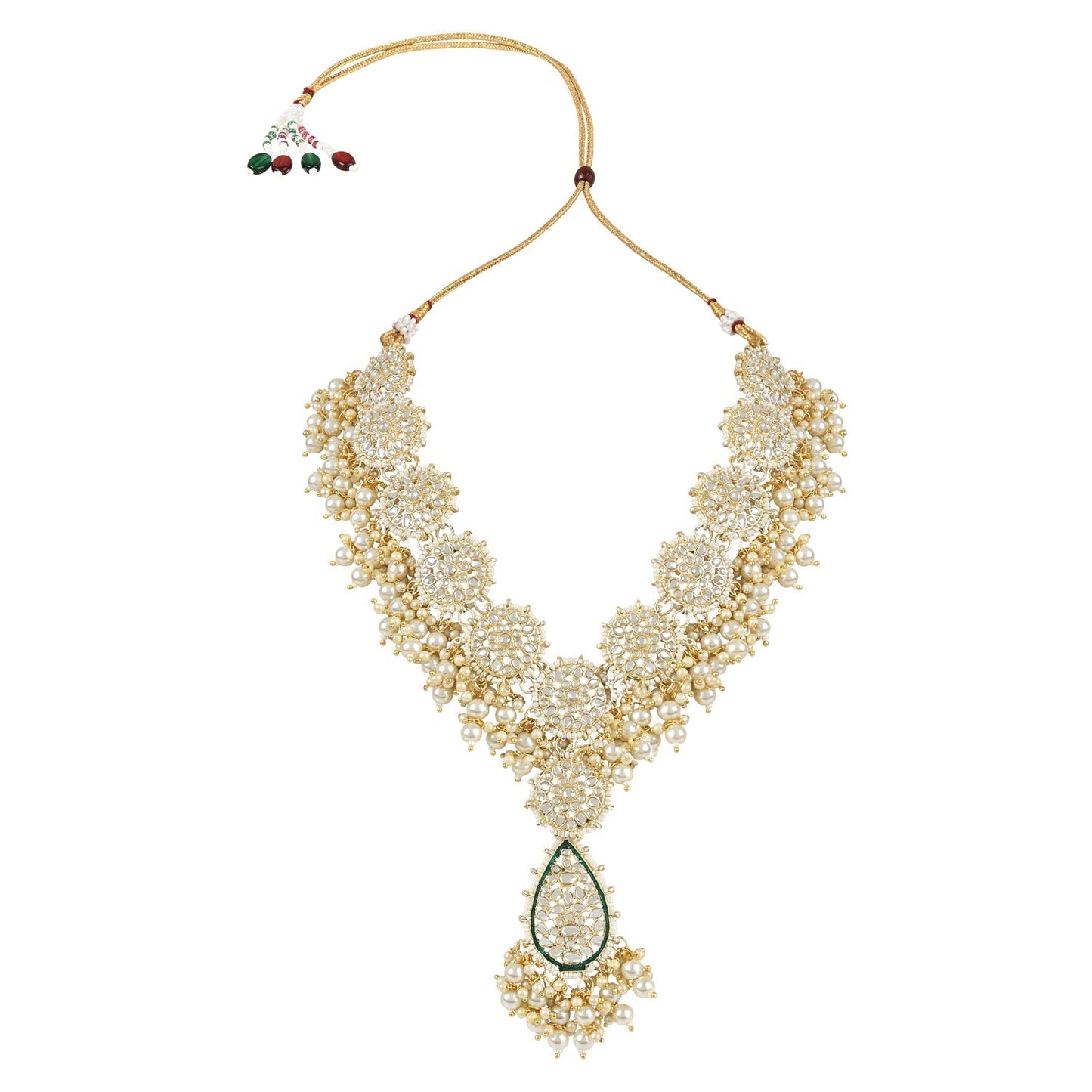Women's 18k Gold Plated Traditional Pearl Kundan Studded Meenakari Floral Necklace With Earring Maang Tikka & Finger Ring Set