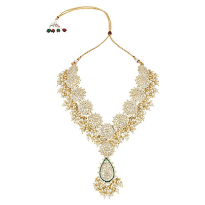 Women's 18k Gold Plated Traditional Pearl Kundan Studded Meenakari Floral Necklace With Earring Maang Tikka & Finger Ring Set