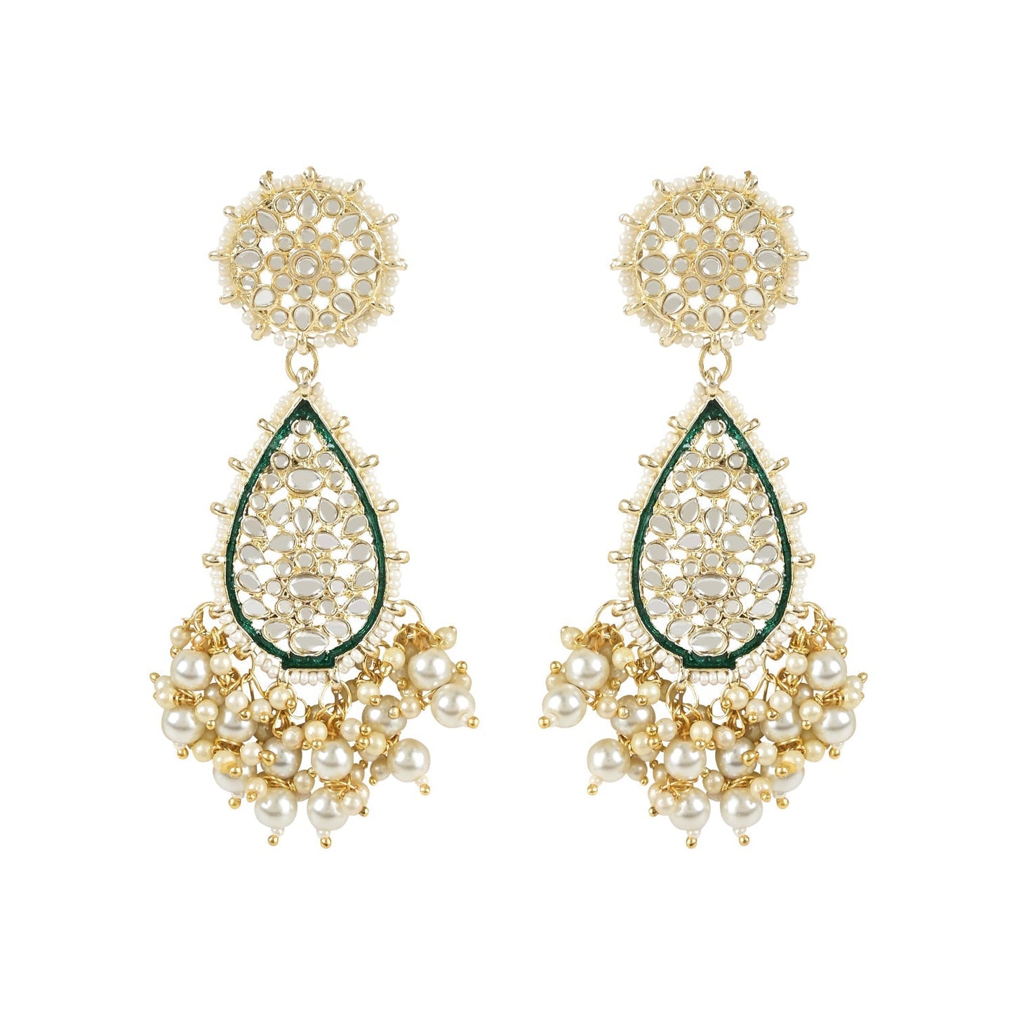 Women's 18k Gold Plated Traditional Pearl Kundan Studded Meenakari Floral Necklace With Earring Maang Tikka & Finger Ring Set
