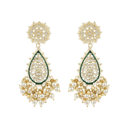 Women's 18k Gold Plated Traditional Pearl Kundan Studded Meenakari Floral Necklace With Earring Maang Tikka & Finger Ring Set