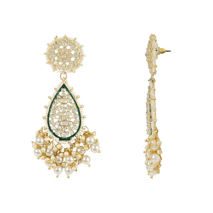 Women's 18k Gold Plated Traditional Pearl Kundan Studded Meenakari Floral Necklace With Earring Maang Tikka & Finger Ring Set