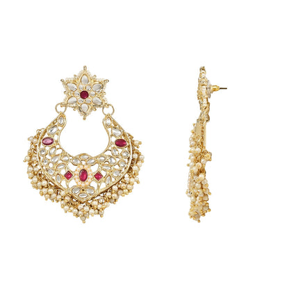 Women's 18K Gold Plated Traditional Handcrafted Stone Studded Pearl Choker Necklace Jewellery Set With Earrings & Finger ring