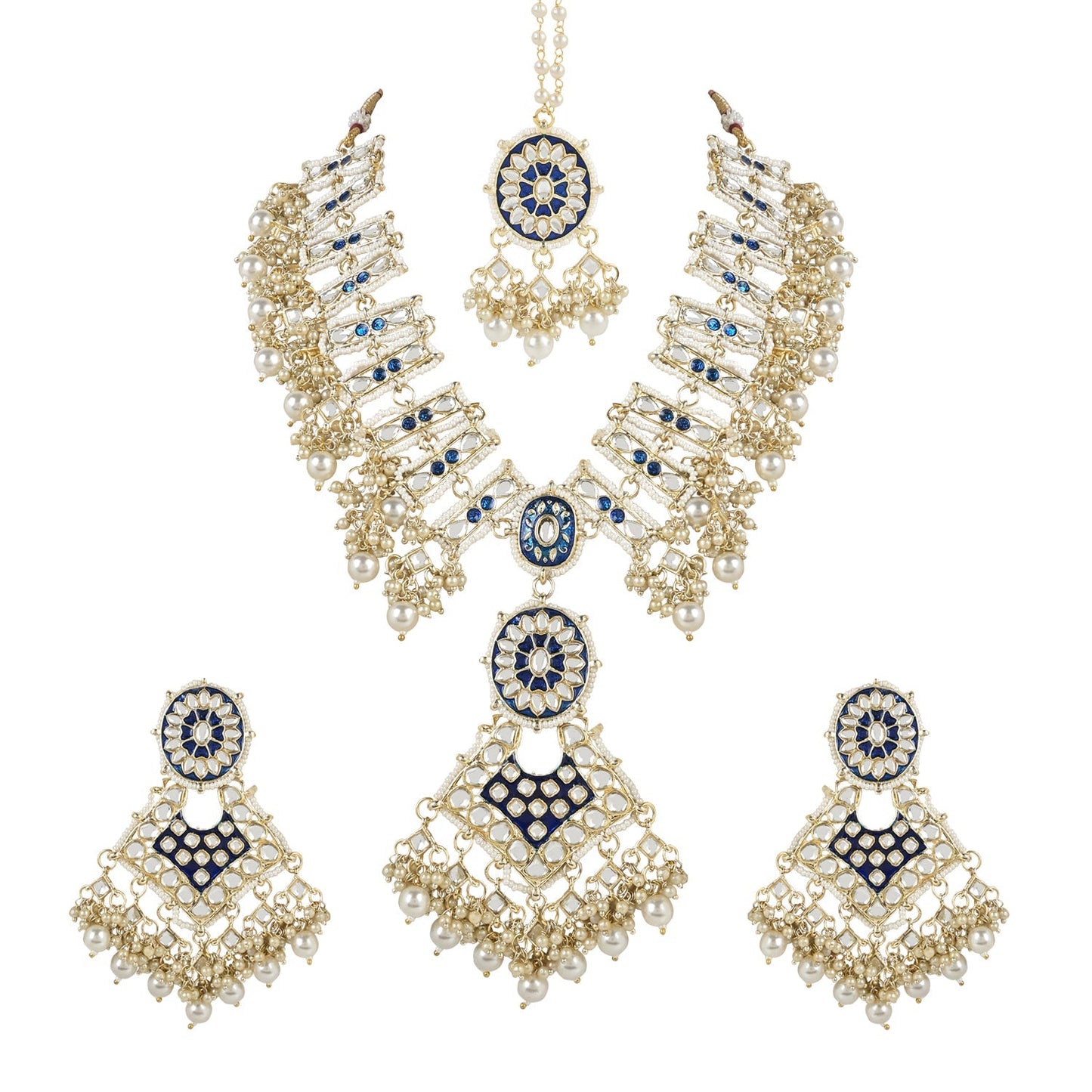 Women's 18k Gold Plated Traditional Pearl Kundan Studded Meenakari Necklace With Earring Maang Tikka Set