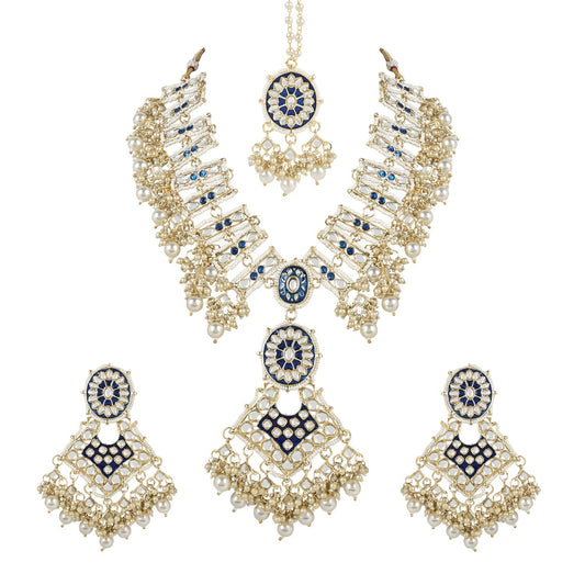 Women's 18k Gold Plated Traditional Pearl Kundan Studded Meenakari Necklace With Earring Maang Tikka Set