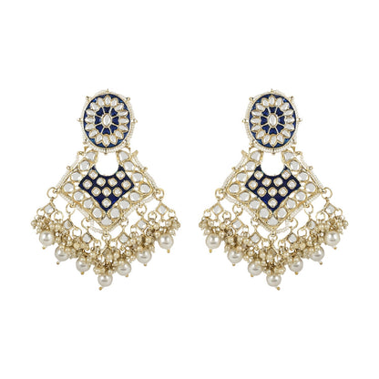 Women's 18k Gold Plated Traditional Pearl Kundan Studded Meenakari Necklace With Earring Maang Tikka Set