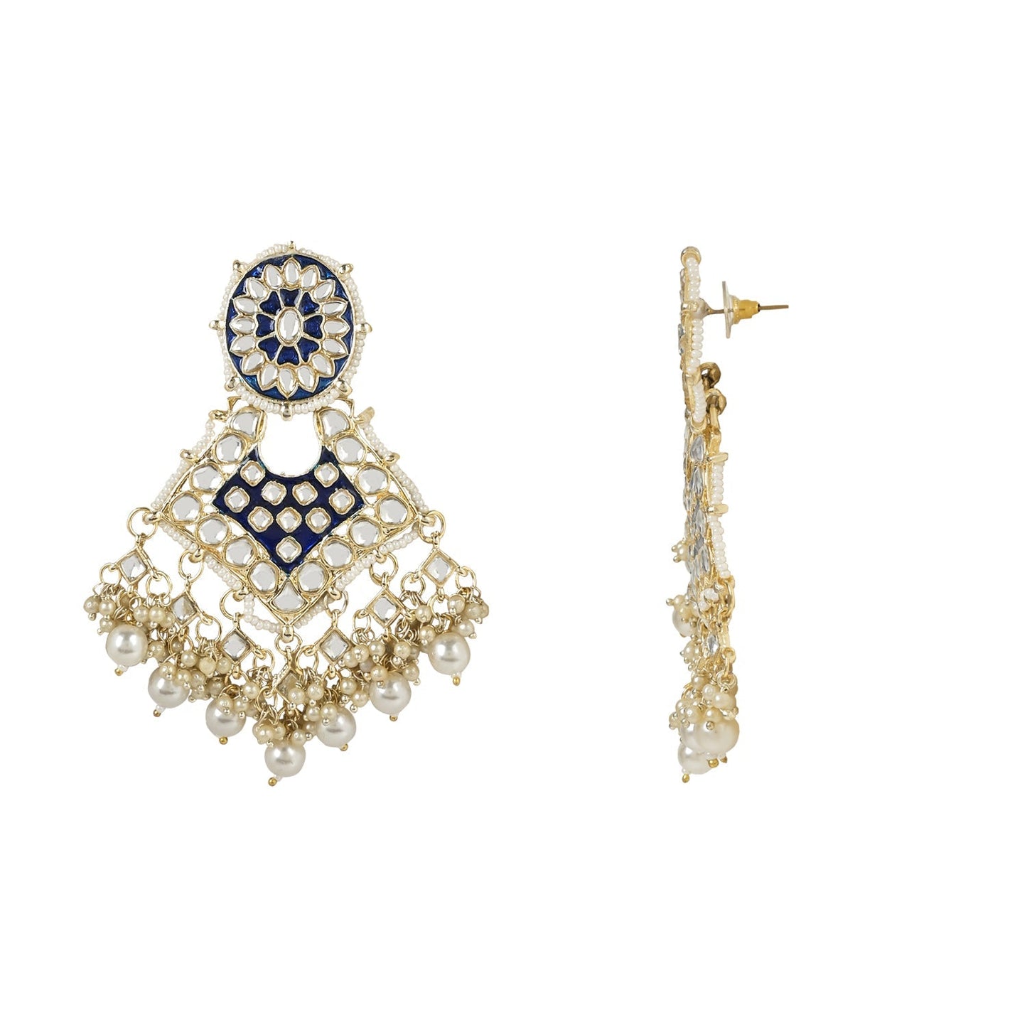 Women's 18k Gold Plated Traditional Pearl Kundan Studded Meenakari Necklace With Earring Maang Tikka Set