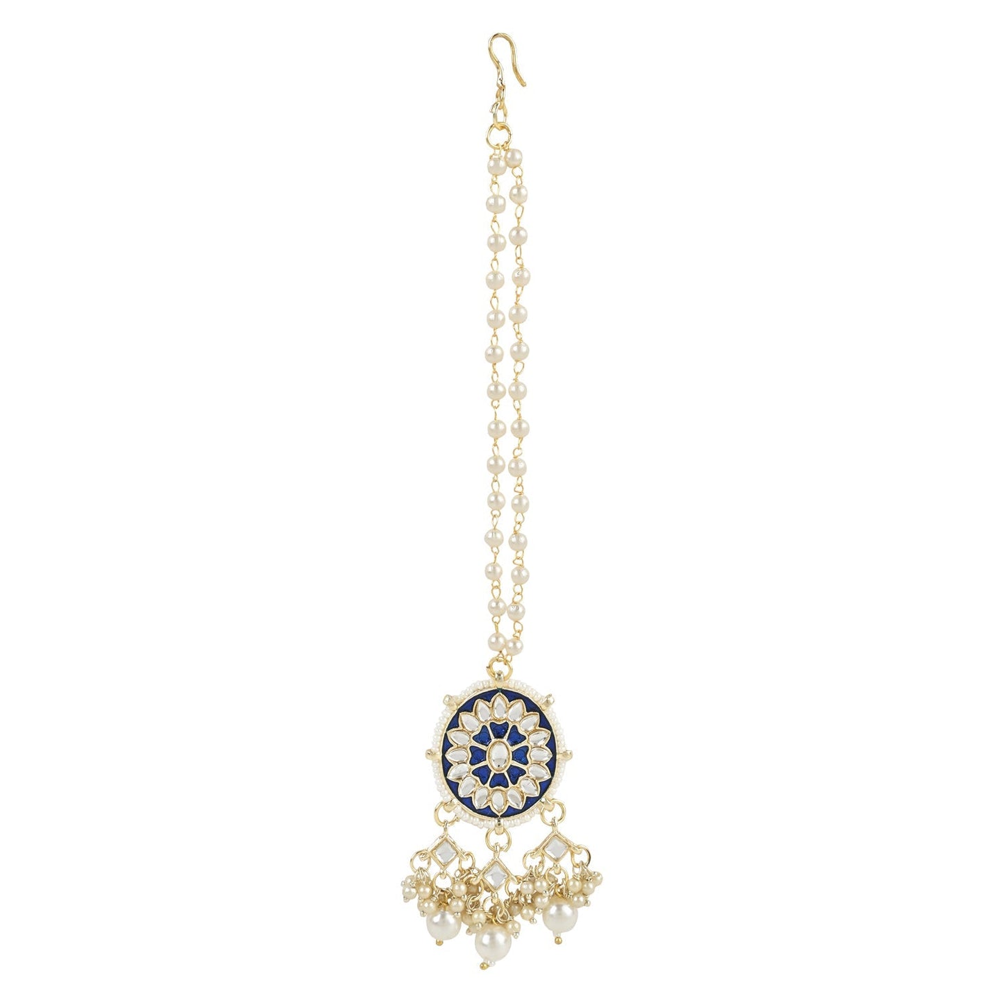 Women's 18k Gold Plated Traditional Pearl Kundan Studded Meenakari Necklace With Earring Maang Tikka Set