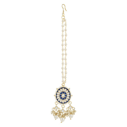 Women's 18k Gold Plated Traditional Pearl Kundan Studded Meenakari Necklace With Earring Maang Tikka Set