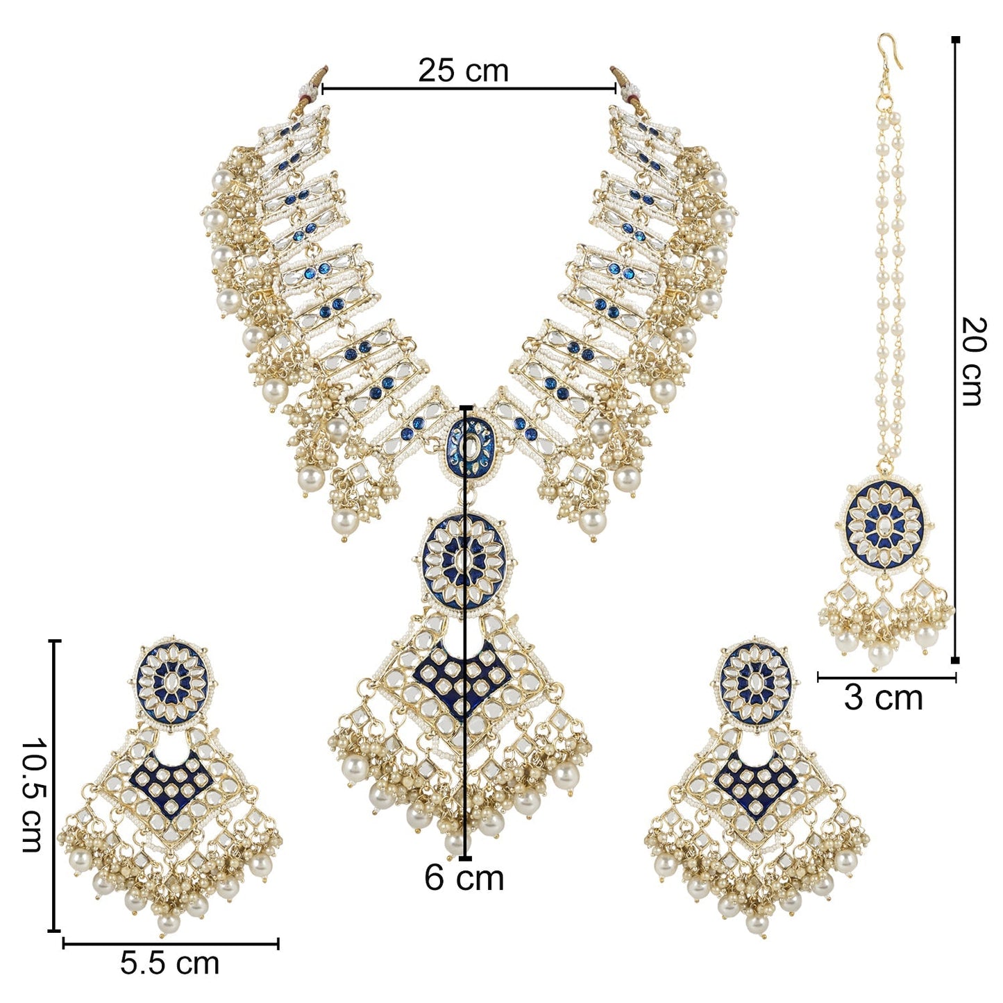 Women's 18k Gold Plated Traditional Pearl Kundan Studded Meenakari Necklace With Earring Maang Tikka Set
