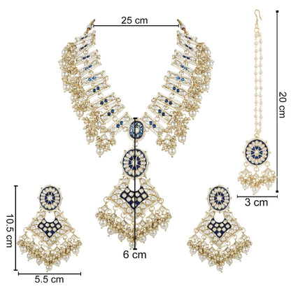 Women's 18k Gold Plated Traditional Pearl Kundan Studded Meenakari Necklace With Earring Maang Tikka Set