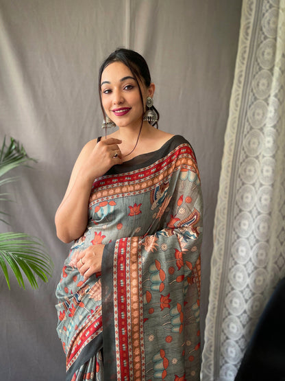 Women's Greenish Grey Color Kadambari Cotton Kalamkari Printed Saree Greenish Grey