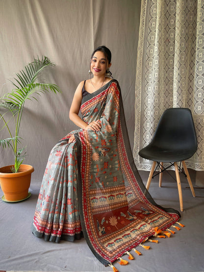 Women's Greenish Grey Color Kadambari Cotton Kalamkari Printed Saree Greenish Grey