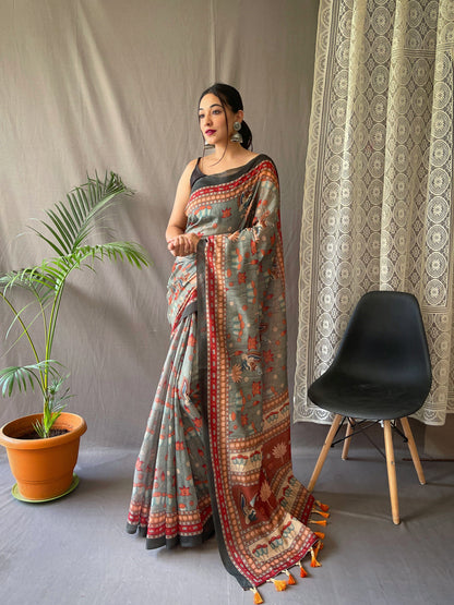 Women's Greenish Grey Color Kadambari Cotton Kalamkari Printed Saree Greenish Grey