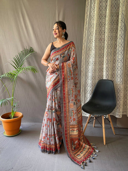 Women's Ash Grey Color Kadambari Cotton Kalamkari Printed Saree Ash Grey