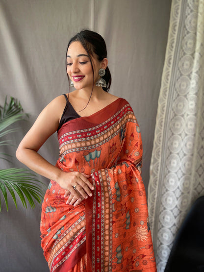 Women's Orange Color Kadambari Cotton Kalamkari Printed Saree Orange