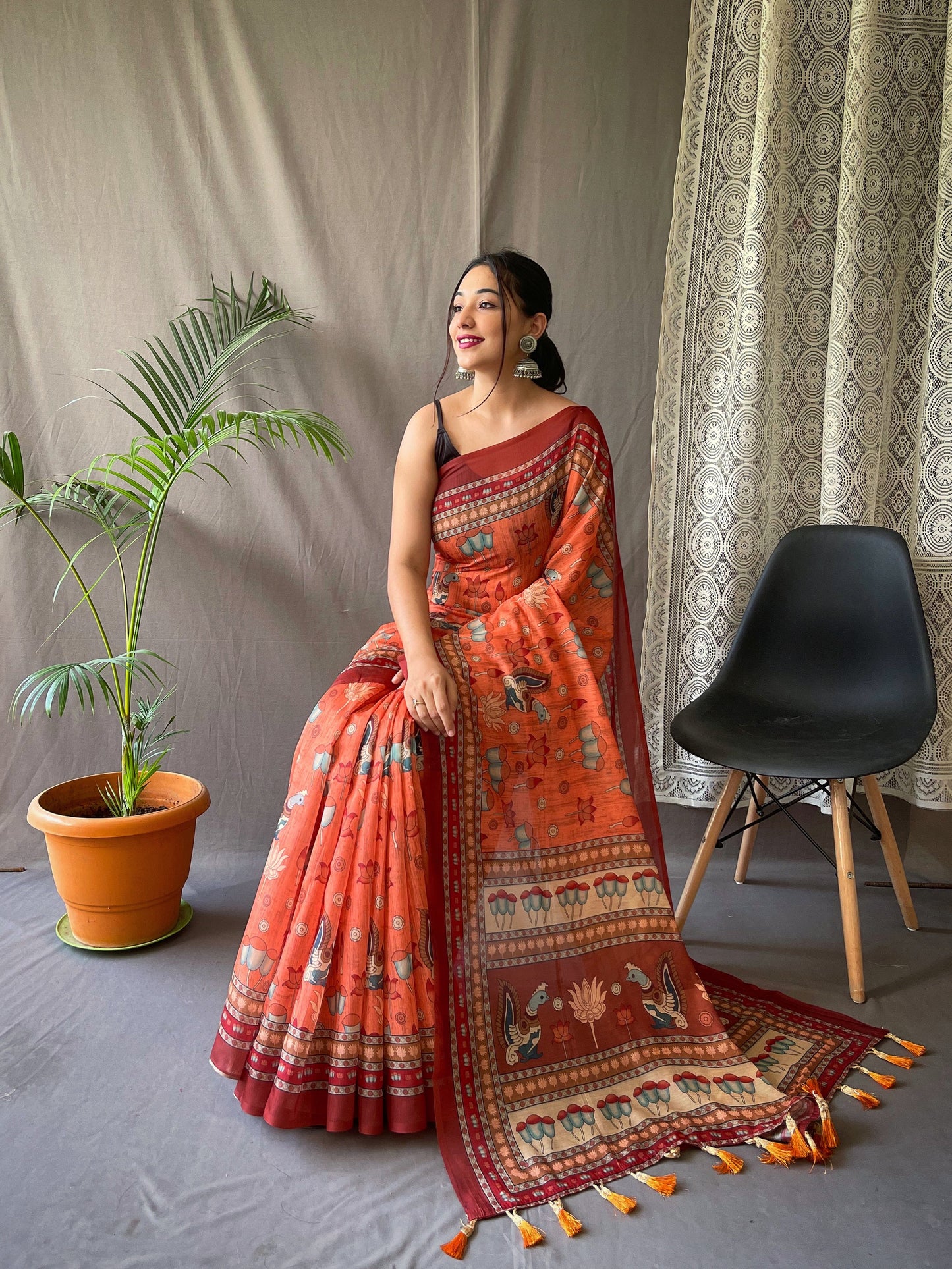 Women's Orange Color Kadambari Cotton Kalamkari Printed Saree Orange