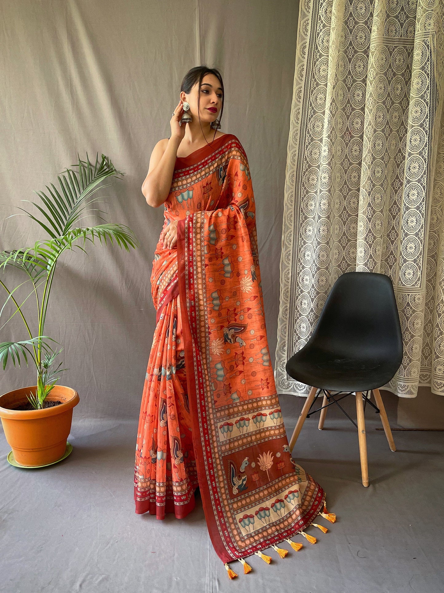 Women's Orange Color Kadambari Cotton Kalamkari Printed Saree Orange