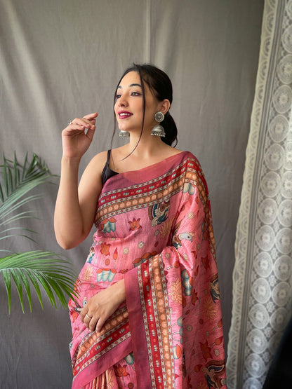 Women's Pink Color Kadambari Cotton Kalamkari Printed Saree Pink