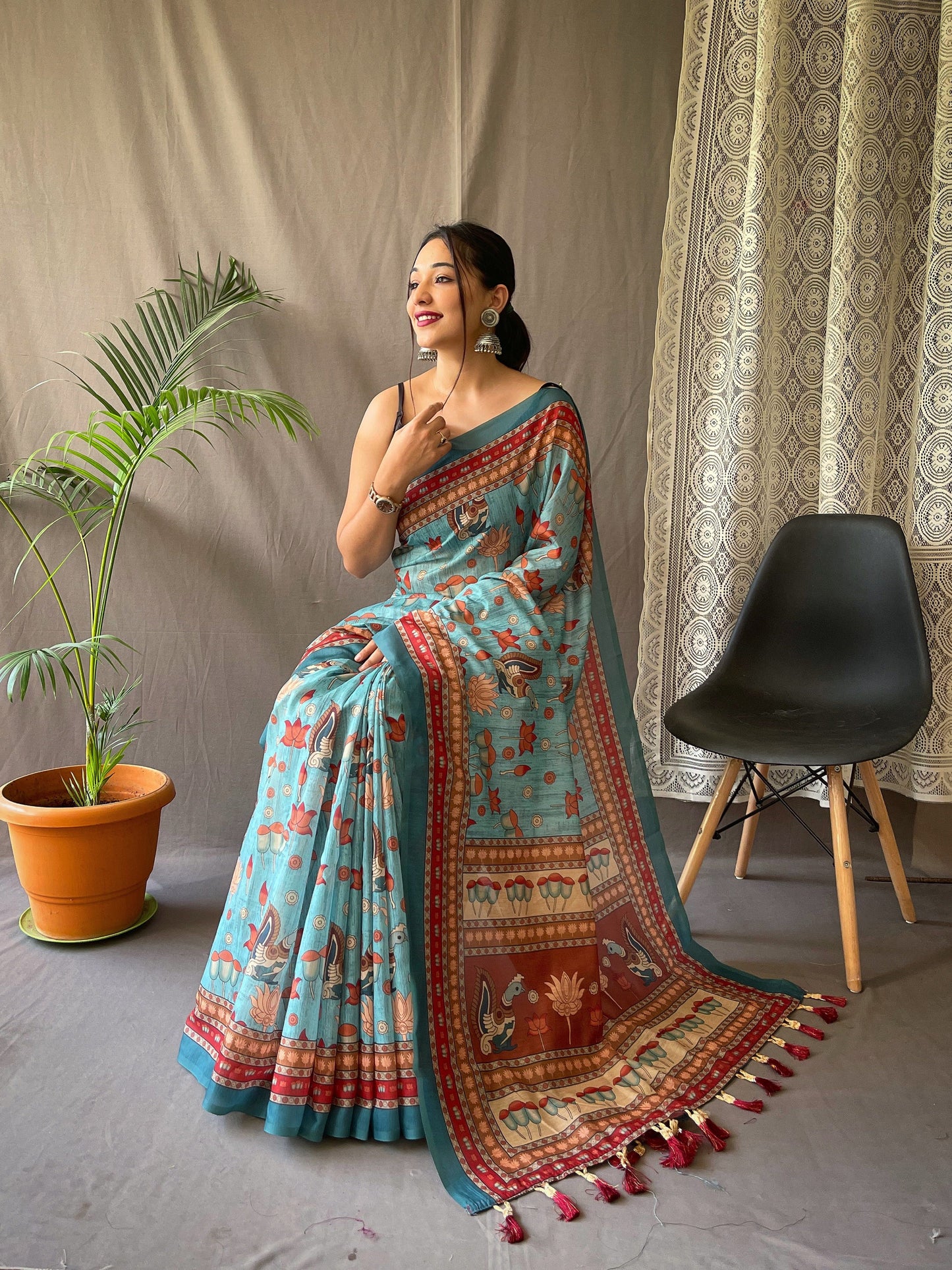 Women's  Blue Color Kadambari Cotton Kalamkari Printed Saree Blue