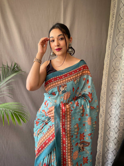 Women's  Blue Color Kadambari Cotton Kalamkari Printed Saree Blue