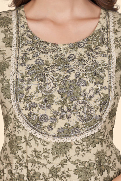 Women's Print & Embroidered A-Line Cotton Mahendi Green Stitched Kurta