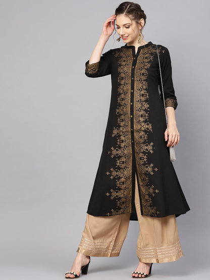 Women's Black & Golden Foil Printed A-Line Kurta