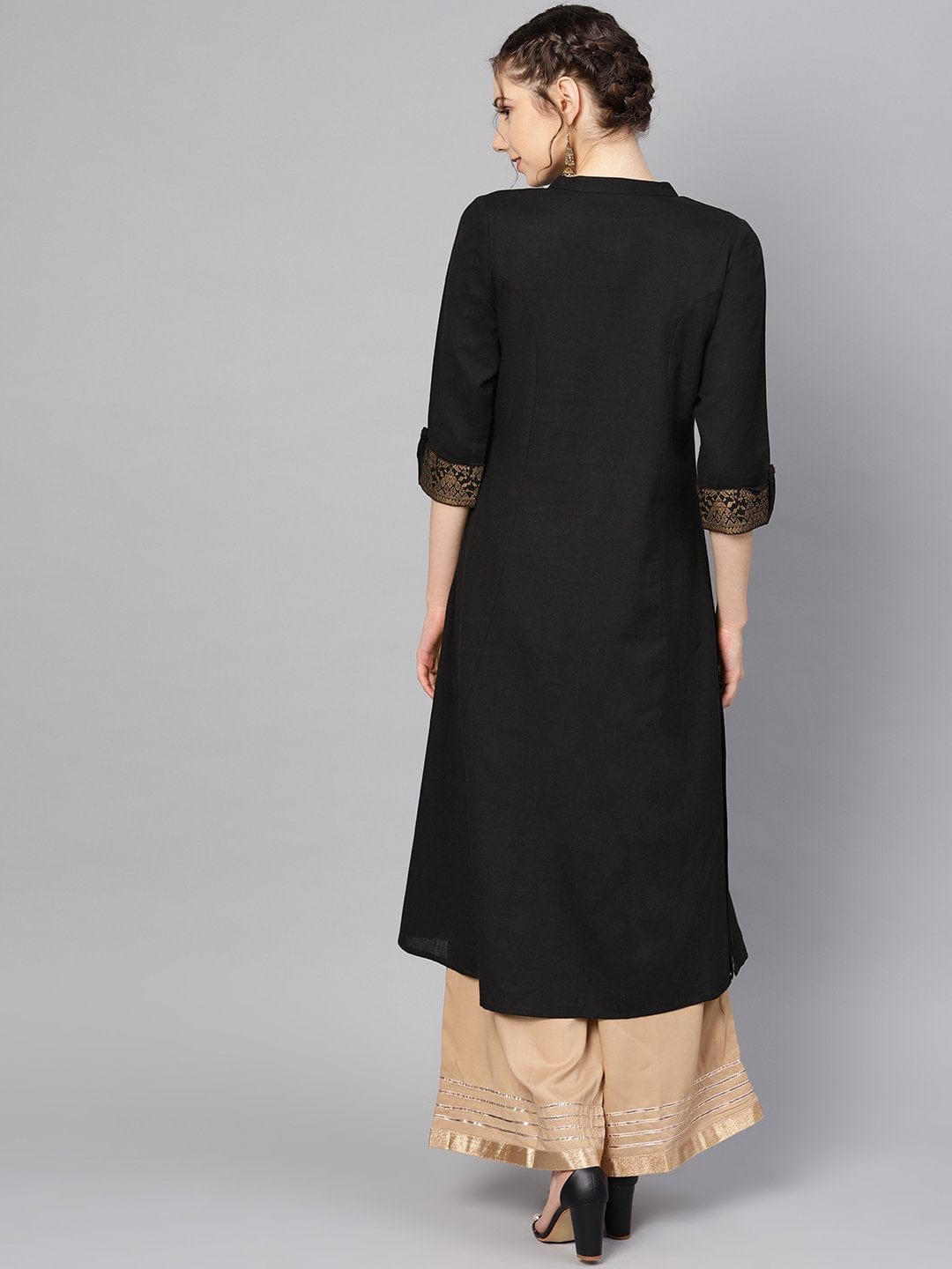 Women's Black & Golden Foil Printed A-Line Kurta