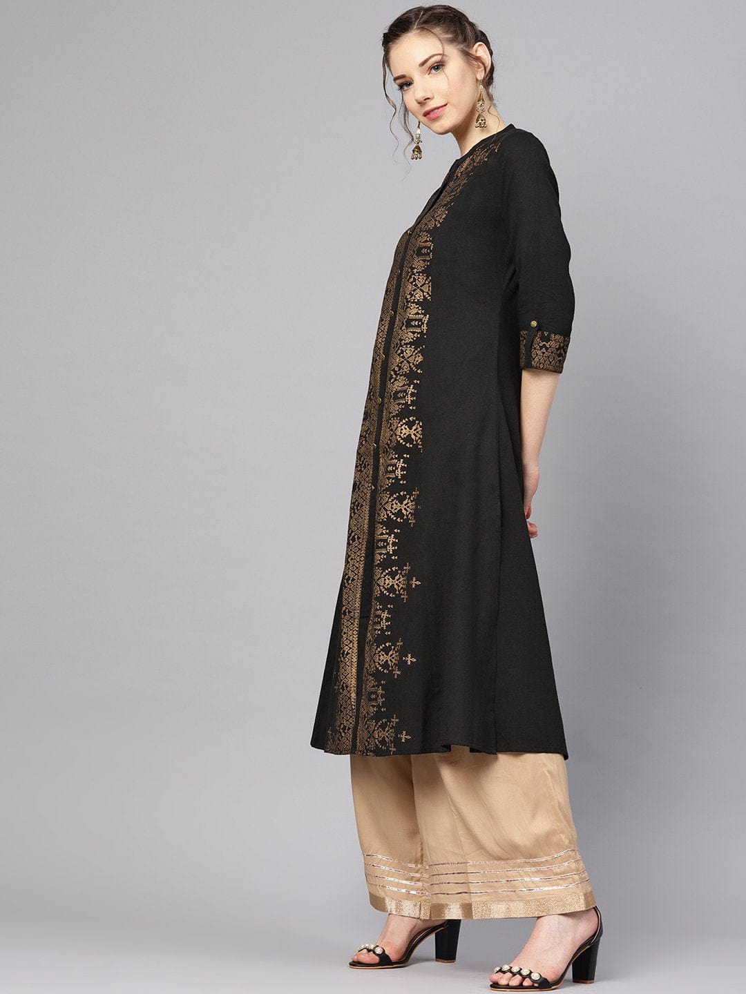 Women's Black & Golden Foil Printed A-Line Kurta