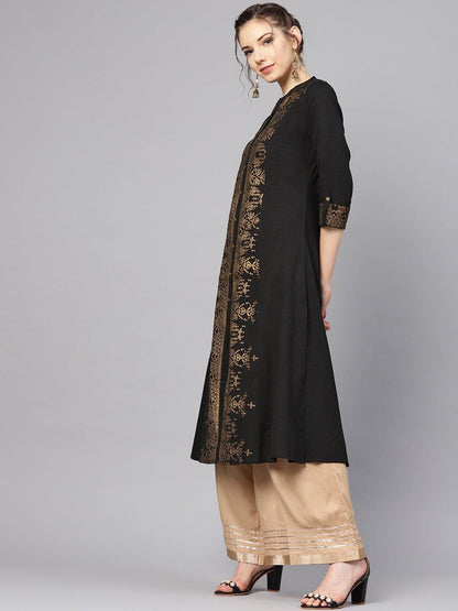 Women's Black & Golden Foil Printed A-Line Kurta