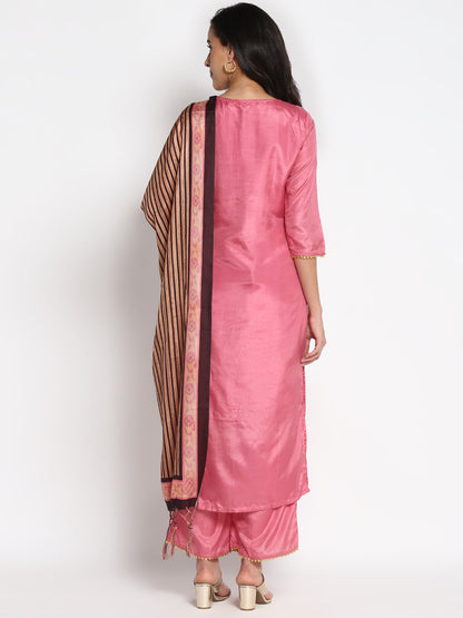 Women's Pink Color Silk Blend Straight Kurta Palazzo With Dupatta