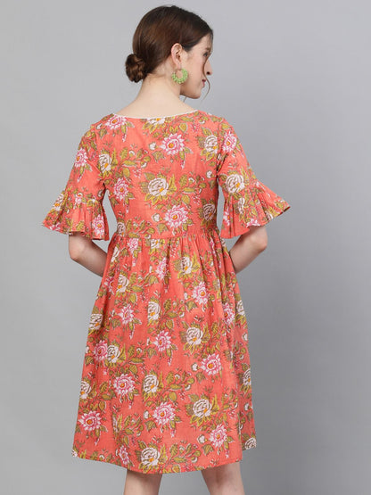 Women's Floral Printed Dress With Ruffle Sleeves