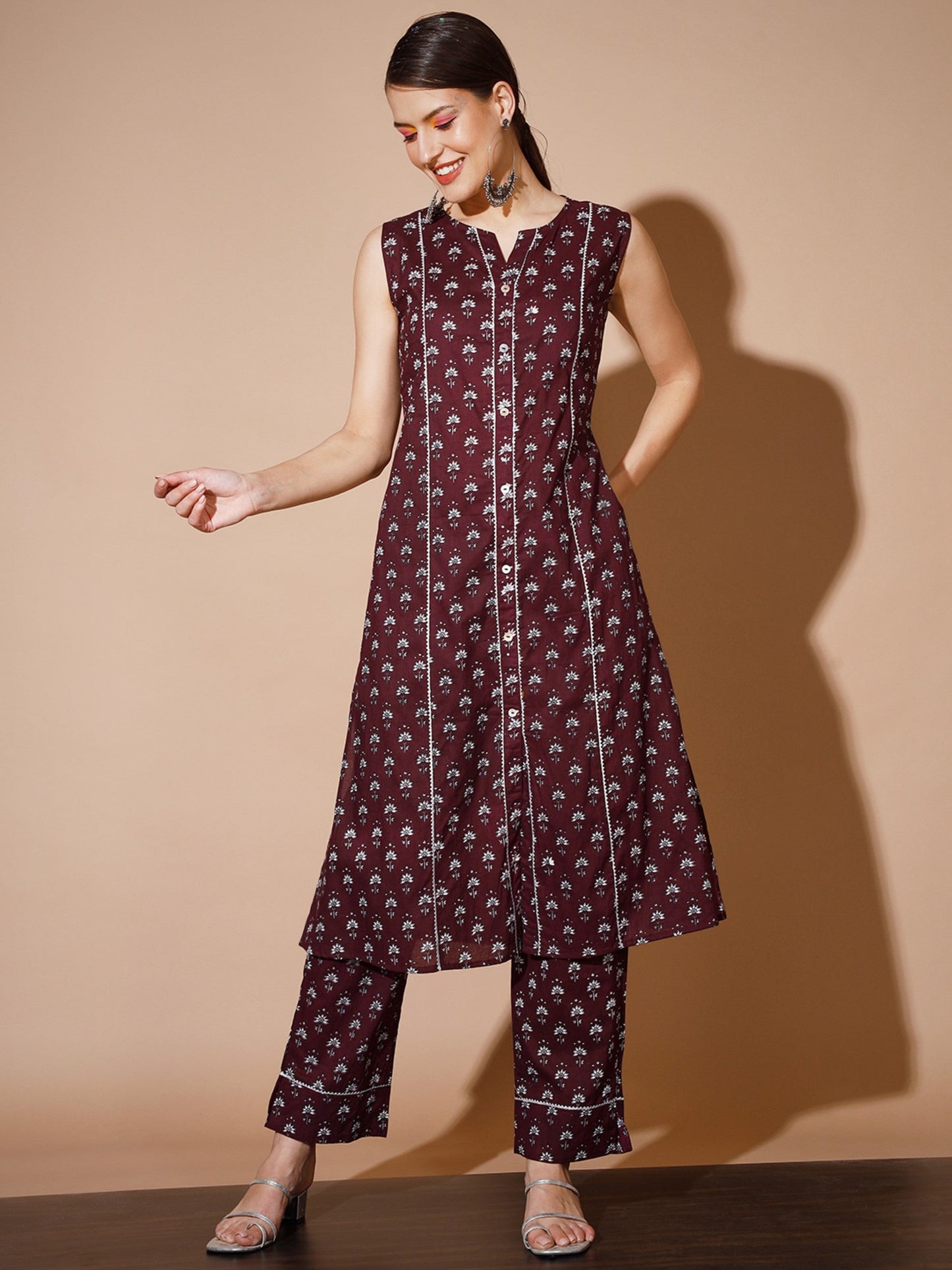Women's Rust Floral Kurta & Trousers