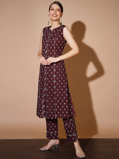 Women's Rust Floral Kurta & Trousers